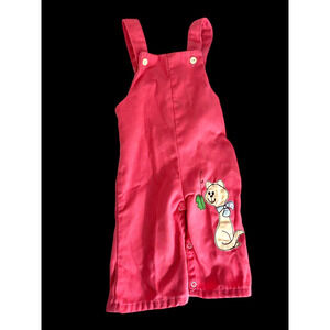 Vintage 1970s Overalls Baby Girl 12-18M Pink Embroidered Cat Design One Piece